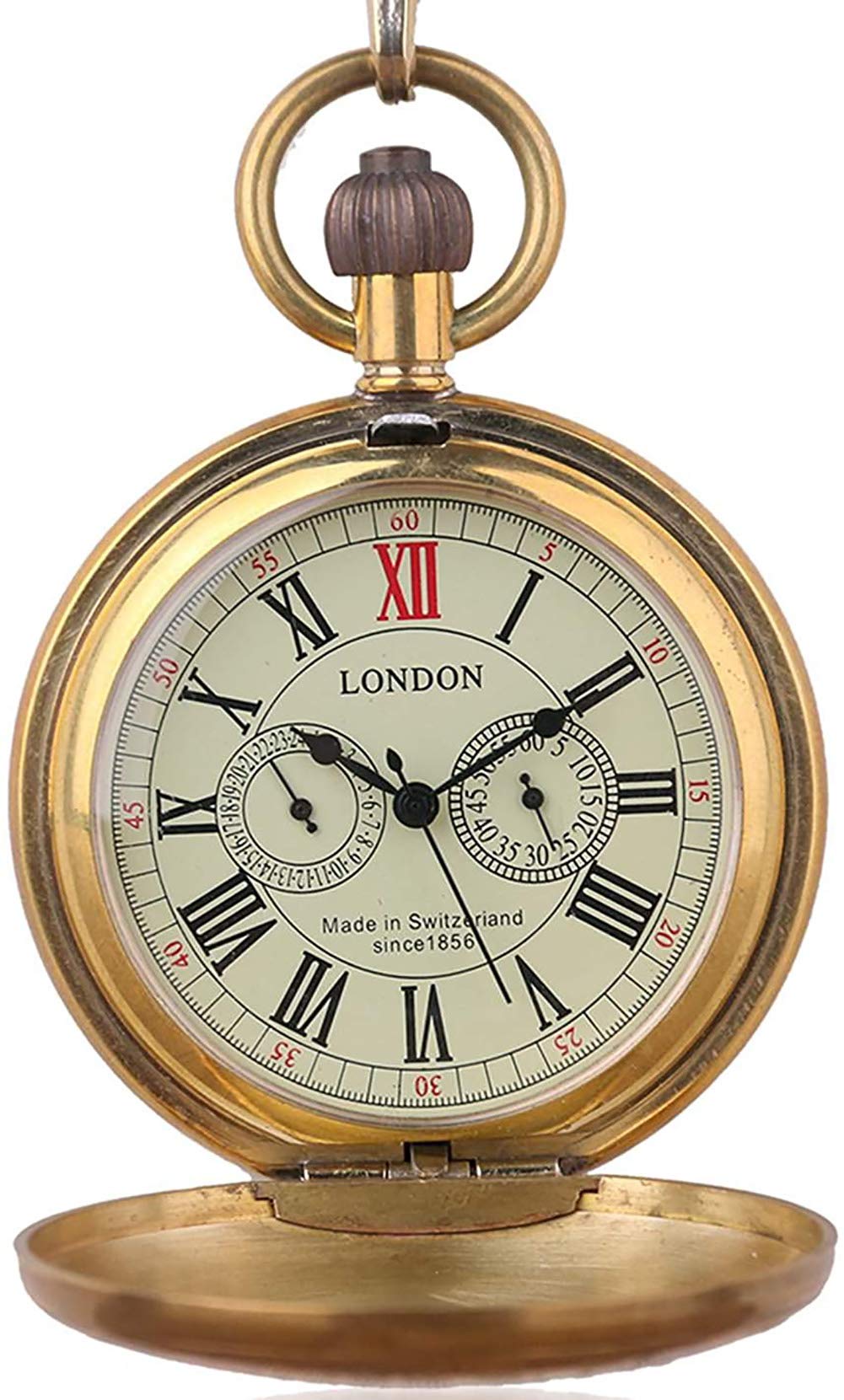 Mens Vintage Antique Copper London Pocket Watch Gold Steel Mechanical Men Watch with Chain