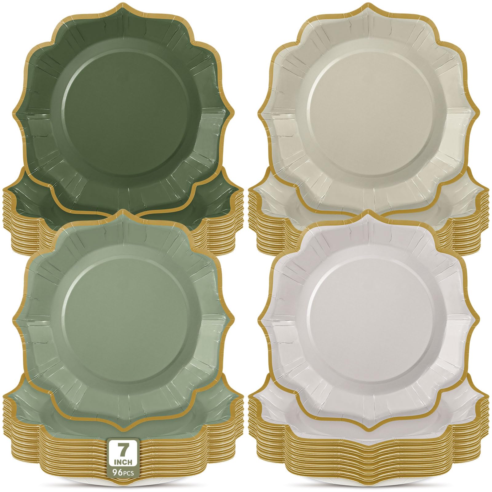 Photo 1 of Potchen 96 Pcs Sage Green Dessert Plates 7 Inch Gradient Green Scalloped Disposable party Paper Plate for Summer Wedding Birthday Baby Shower Party Supplies, 4 Colors