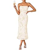 ZESICA Women's Summer Strapless Floral Midi Dress 2026 Bodycon Mesh Tube Wedding Guest Cocktail Party Formal Dresses