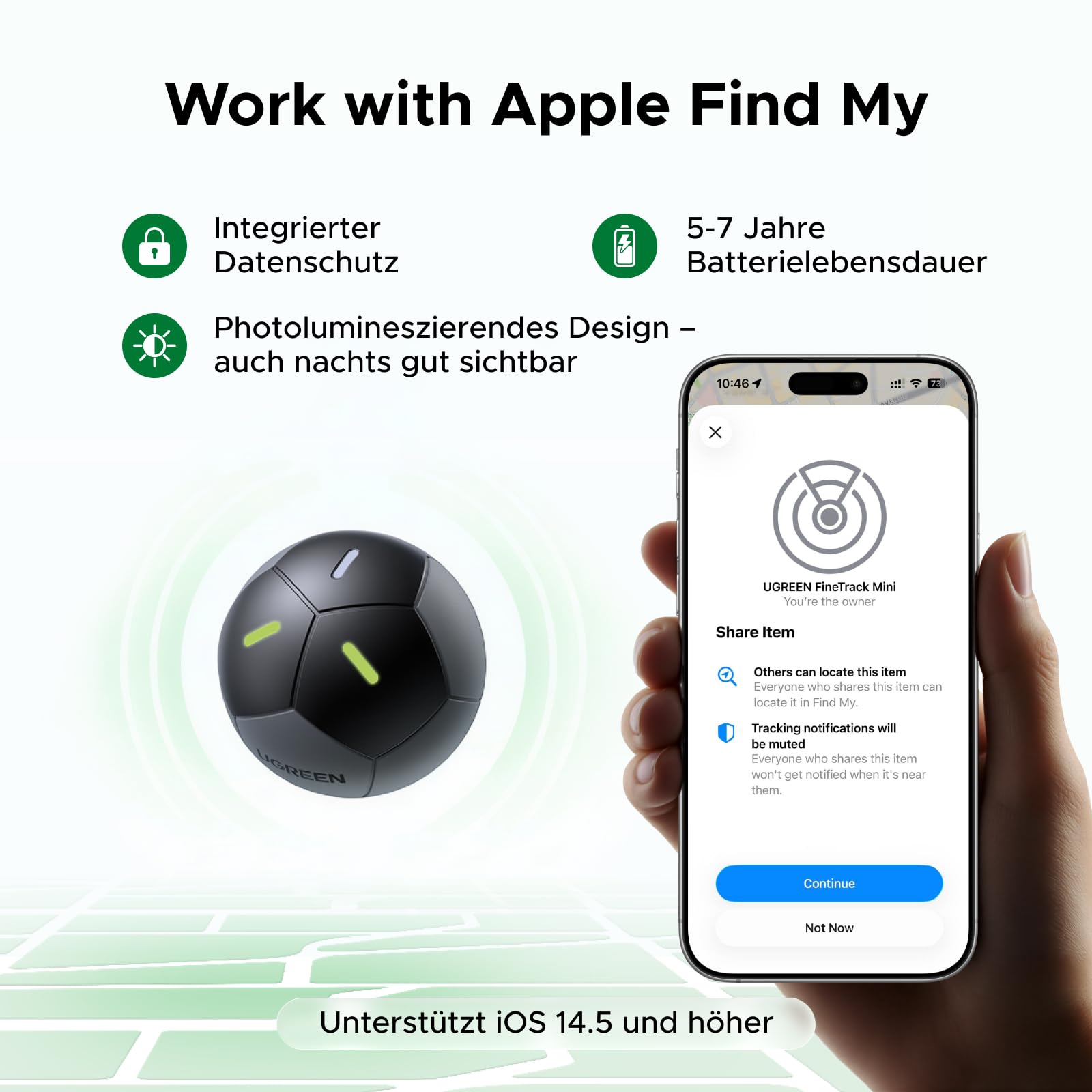 UGREEN FineTrack 2 Fußball kompatibel mit Apple Find My (nur iOS), Schlüsselfinder mit 110dB, IP68, kein Aufladen nötig, GPS Tracker, Tracker für Koffer, Keys, Rucksack 2
