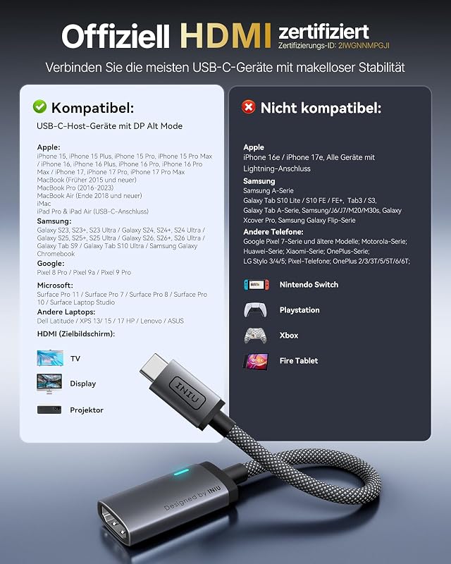 USB C auf HDMI Adapter, 0.2m 4K@60Hz Offiziell HDMI-Zertifiziert