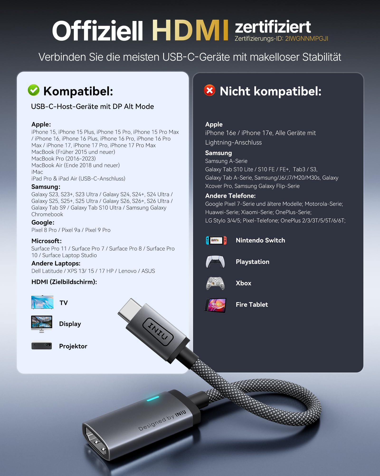 INIU USB C auf HDMI Adapter, Offiziell HDMI-zertifiziert mit intelligenter Diagnose-LED, 4K@60Hz kompatibel mit Thunderbolt 3/4 für MacBook Neo iMac iPad iPhone 17 16 Samsung Steam Deck Gaming-Monitor 2