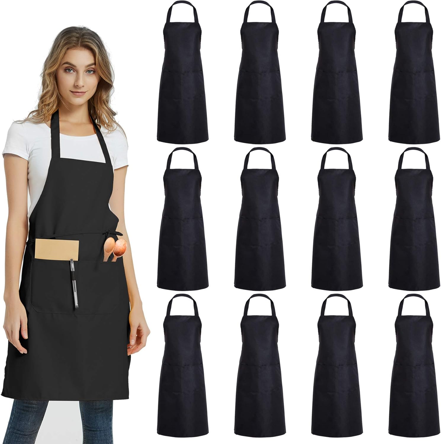 12 Pack Plain Bib Aprons with 2 Pockets 