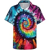 TiwBski Hawaiian Tie Dye Style Shirts for Men Rainbow Print Button Down Shirt Short Sleeve
