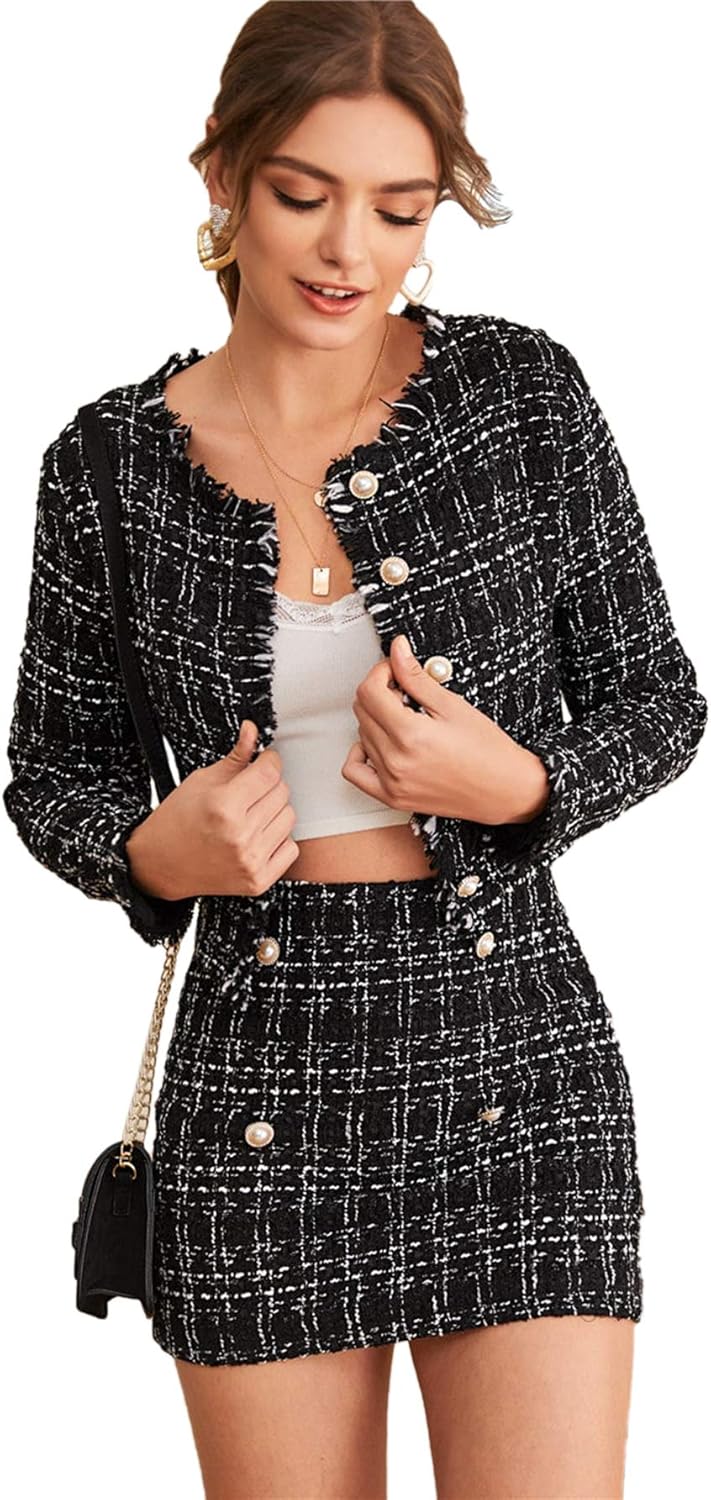 SweatyRocks Women's Business Suit 2 Pieces Tweed Blazer Jacket Coat and Skirt Set
