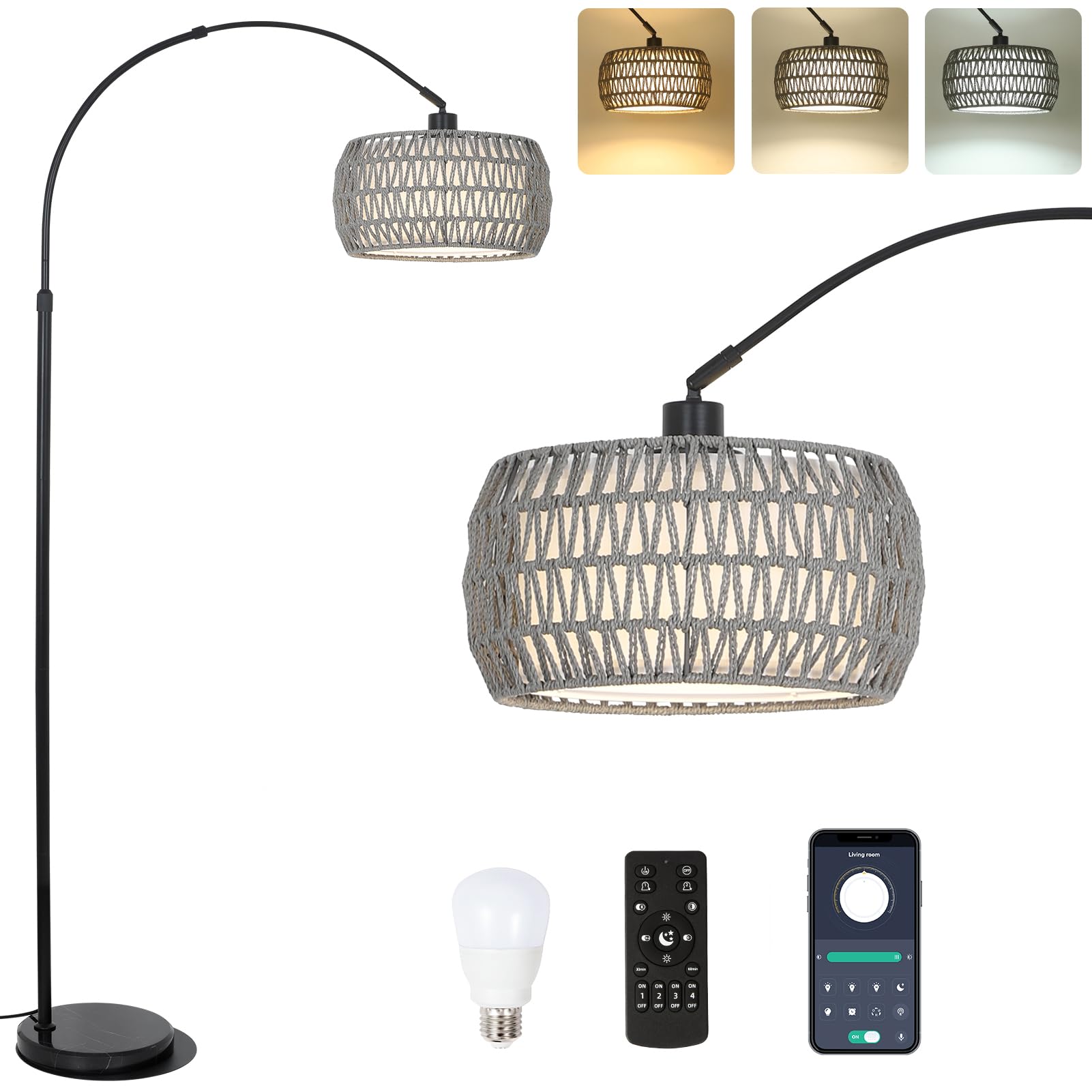 Photo 1 of Arc Standing Lamp, Boho Floor Lamps for living room with Remote and LED Dimming Bulb, Rattan Tall Lamp for Bedroom with 3 Color Temperatures, Height Adjustable Farmhouse Stand up Lamp for Office