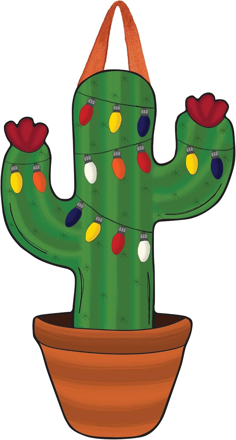 Studio M Cactus Christmas Winter Christmas Door Décor Decorative Front Door Sign with Colorful Ribbon Hanger, Durable Fade Resistant PVC, Made in The USA