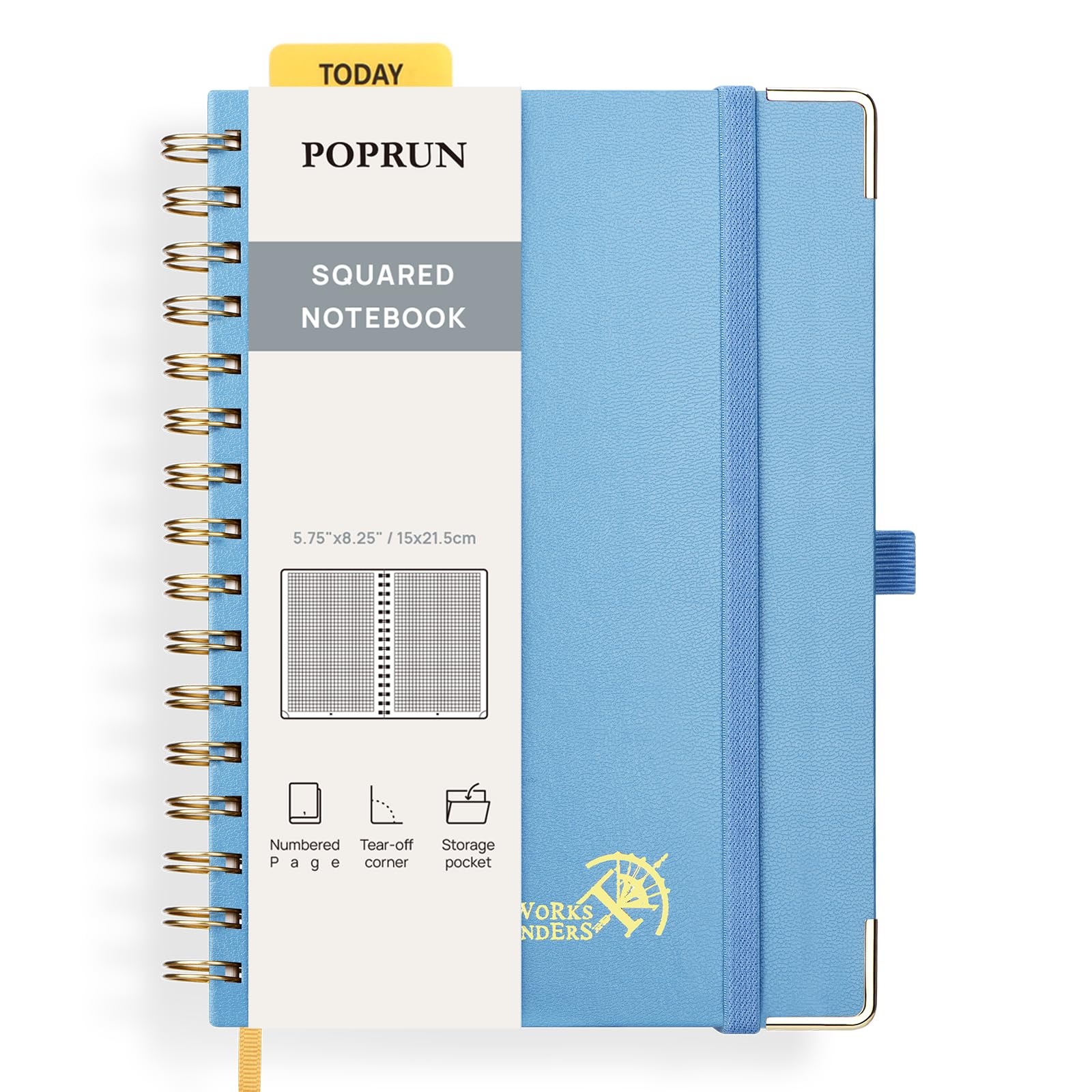 Photo 1 of POPRUN Graph Paper Spiral Journal Notebook, [A5-5.75'' x 8.25''] - 120 GSM Thick Paper, 141 Numbered Pages, Grid Notebooks for Men & Women with Pocket, Index Tabs, 8 Perforated Sheets,Haze Blue