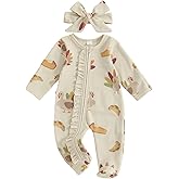 Userdefined Baby Girl Thanksgiving Outfit Ruffle Romper Turkey Rolls Print Onesie Footie Jumpsuit Fall Winter Clothes (Khaki HEADBAND, 3-6 Months)
