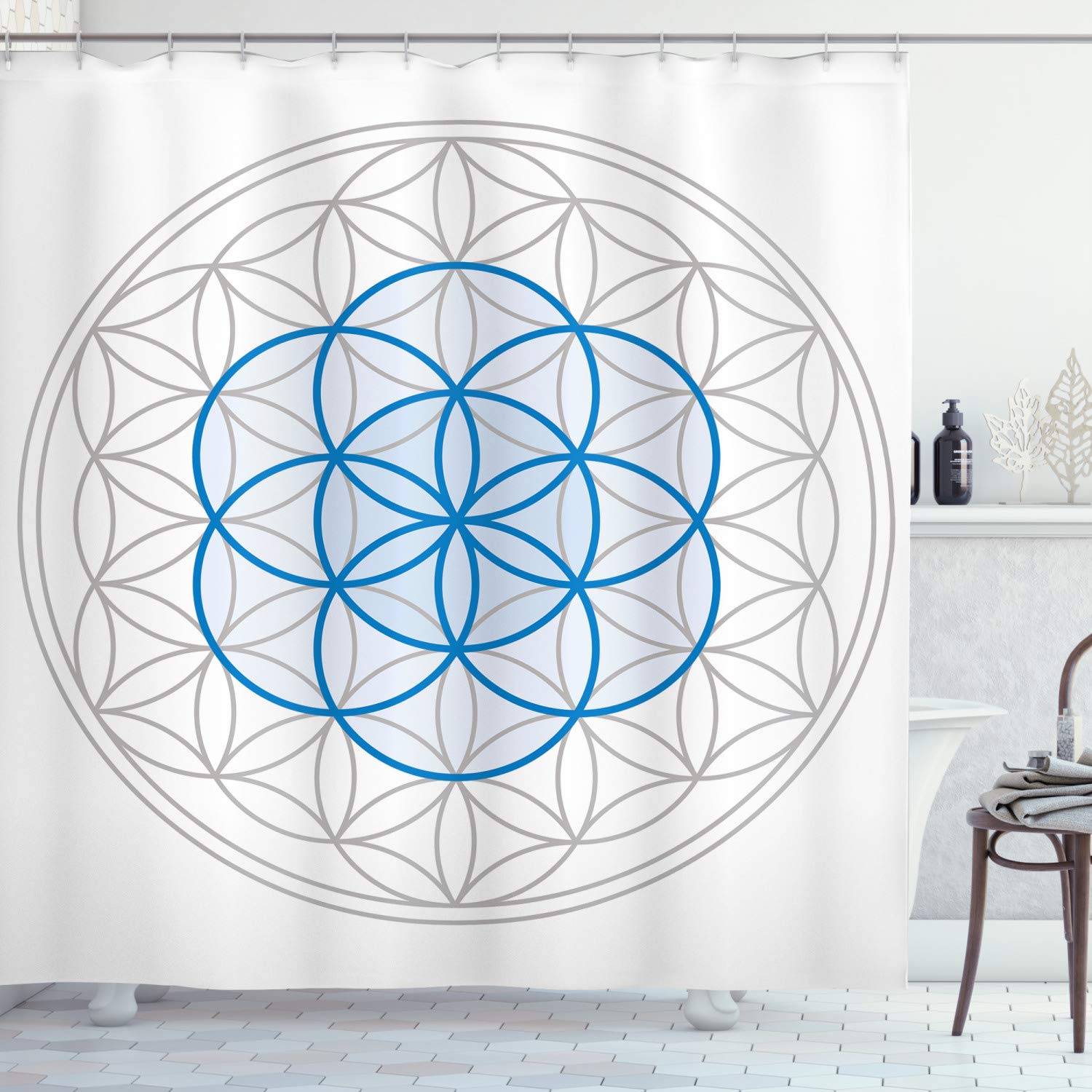 ABAKUHAUS Abstract Shower Curtain, Several Interlace Round Shaped Ovals Knot of Life Artwork, Cloth Fabric Bathroom Decor Set with Hooks, 78 Inches, Warm Taupe Blue