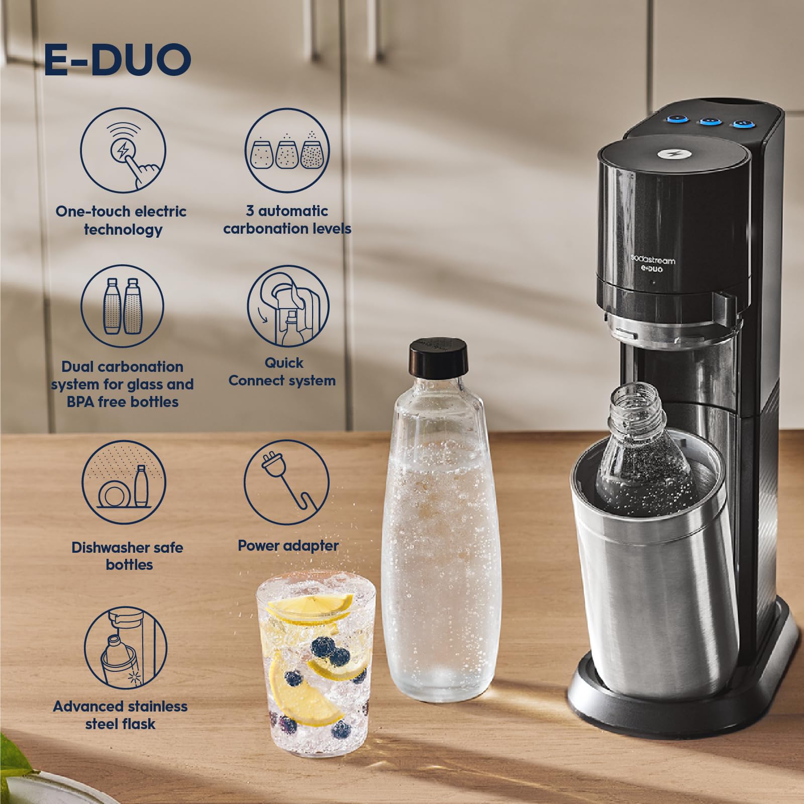 SodaStream E-Duo Sparkling Water Maker (Black) with 60L CO2, 1 BPA- Free Carbonating Bottle and (1)1L Glass Bottle