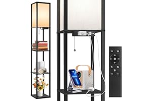 OUTON Floor Lamp with Shelves, Dimmable Shelf Floor Lamp with Remote, 1USB & 1 Type C Ports, 1 Power Outlet, Modern Standing Lamp with 4 Color Temperature for Living Room, Bedroom, Matte Black