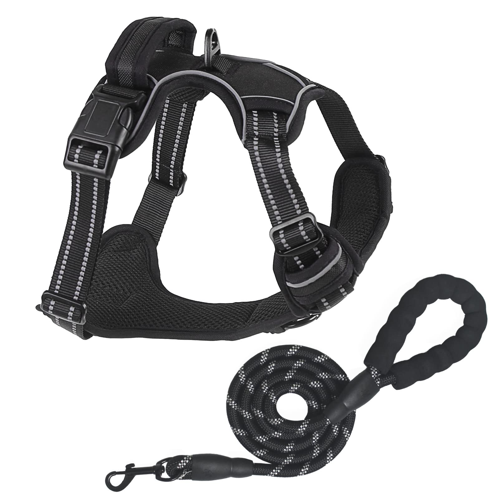 No Pull Dog Harness Large Dogs and lead Adjustable Reflective Pet Vest with Front clip Handle Padded dog harness for for Medium dogs best for outdoor Training and walking Black L