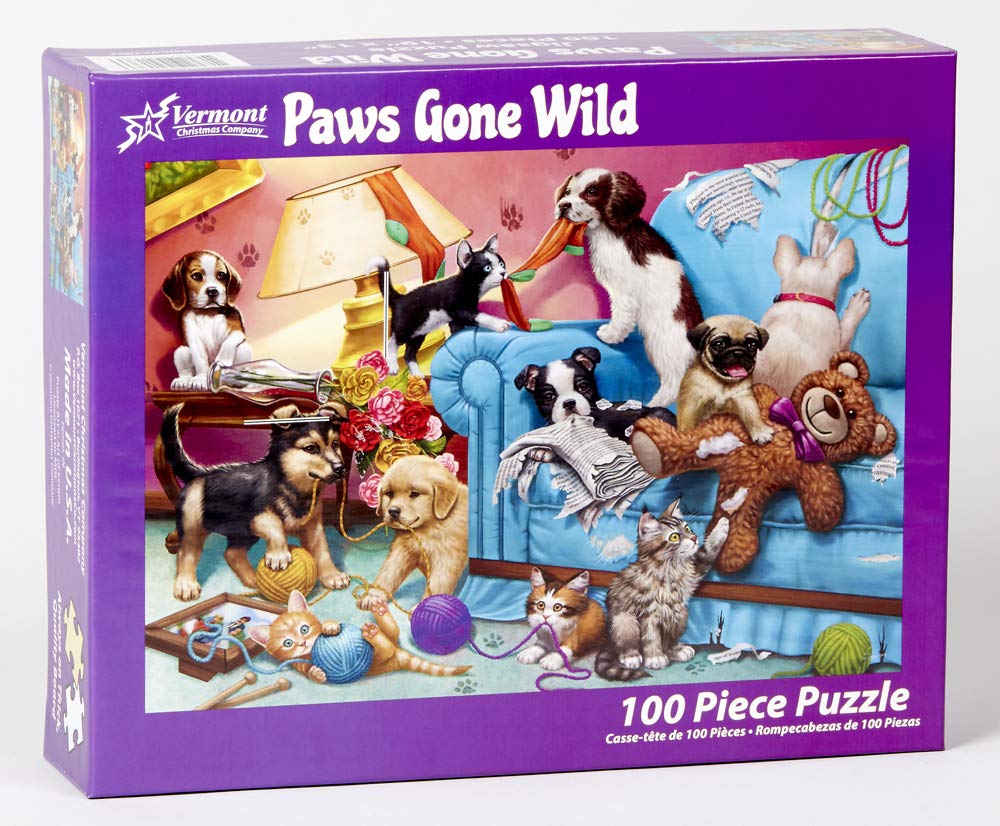 Vermont Christmas Company Paws Gone Wild Jigsaw Puzzle 100 Piece, Large Pieces Perfect for Kids and Seniors