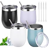 12oz Stemless Wine Tumbler with Lid Double Wall Insulated Wine Cup Stainless Steel Glasses Tumbler with Straw Insulated cocktail Tumbler Coffee Mug for Hot and Cold Beverages (Multicolor-1,4Pack)