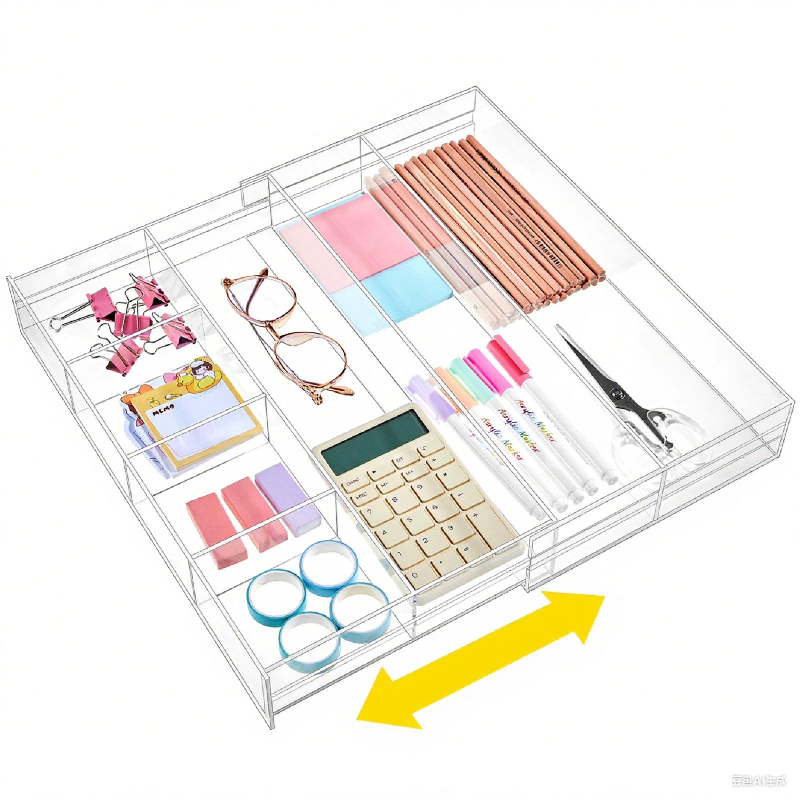 Photo 1 of Briwooody 1 Pc Acrylic Desk Drawer Organizer Maximum Expandable Drawer Organizer Trays with 8 Adjustable Compartments Desk Accessories for Makeup Silverware Office Bathroom(Clear,Stylish)