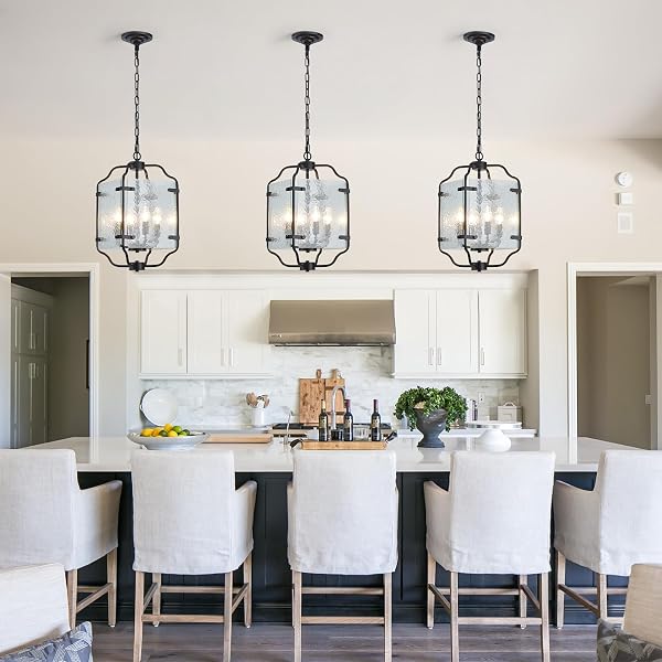 MAJHOIW 10.2″ BLACK CHANDELIERS GLASS 4 LIGHT MODERN FARMHOUSE LANTERN CAGE LAMP ADJUSTABLE HANGING PENDANT LIGHTING FIXTURE FOR KITCHEN ISLAND ENTRYWAY FOYER DINING ROOM