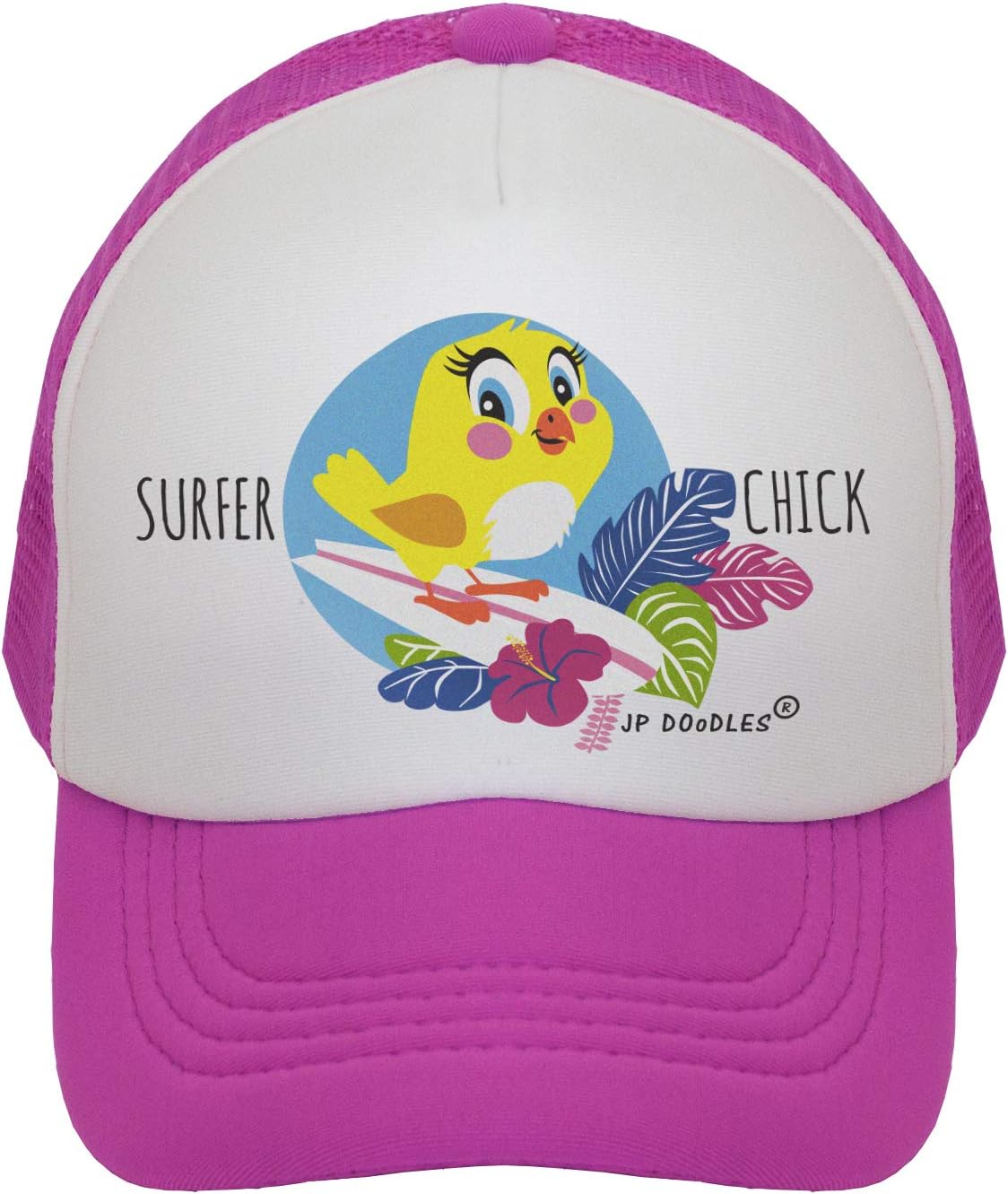 Surfer Chick on Toddler Trucker Hat. The Toddler Baseball Cap is Available in Baby, Toddler, and Youth Sizes. (Mini 12-24 Mos, Hot Pink)