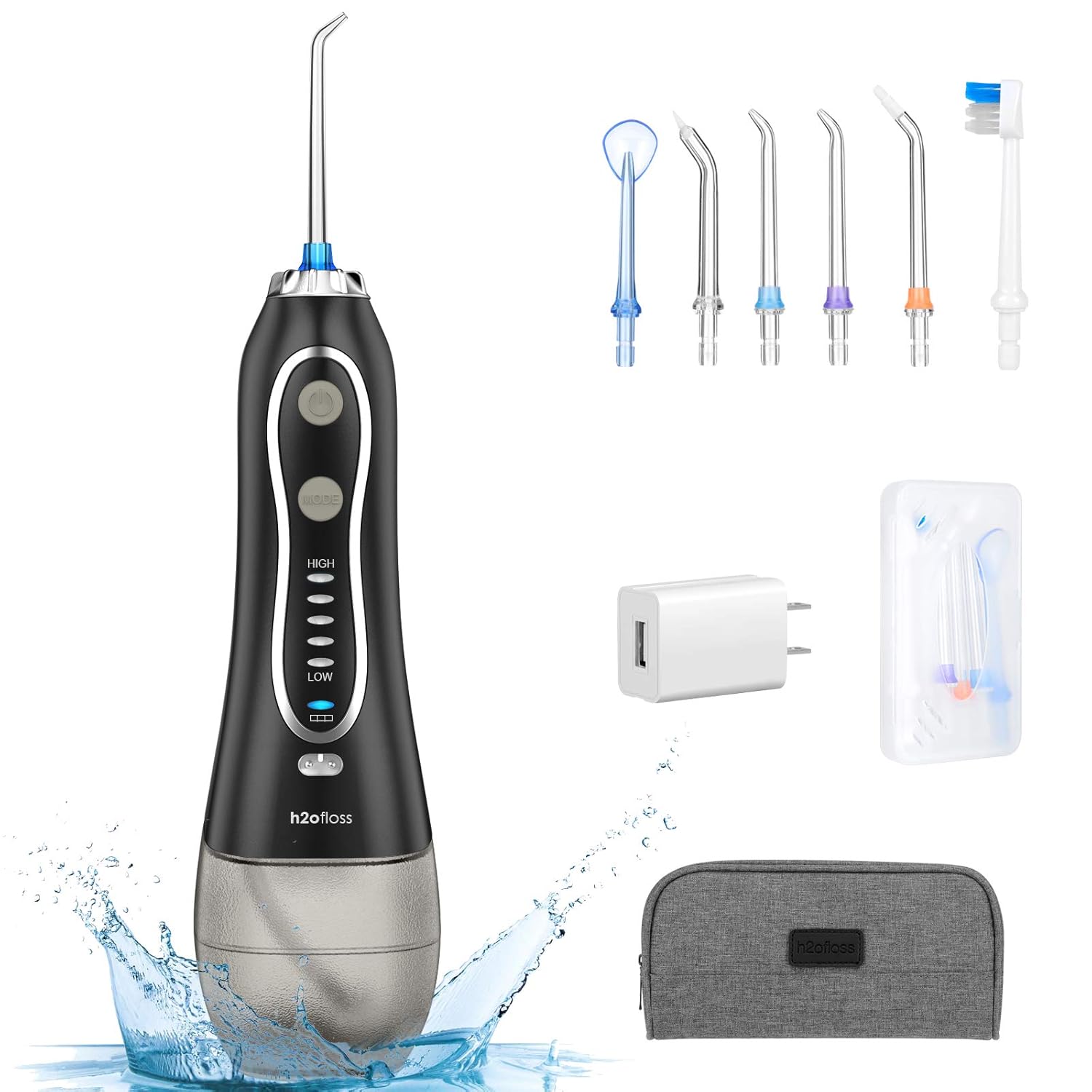 H2ofloss Water Flosser Portable Dental Oral Irrigator with 5 Modes, 6 Replaceable Jet Tips, Rechargeable Waterproof Teeth Cleaner for Home and Travel -300ml Detachable Reservoir: Beauty