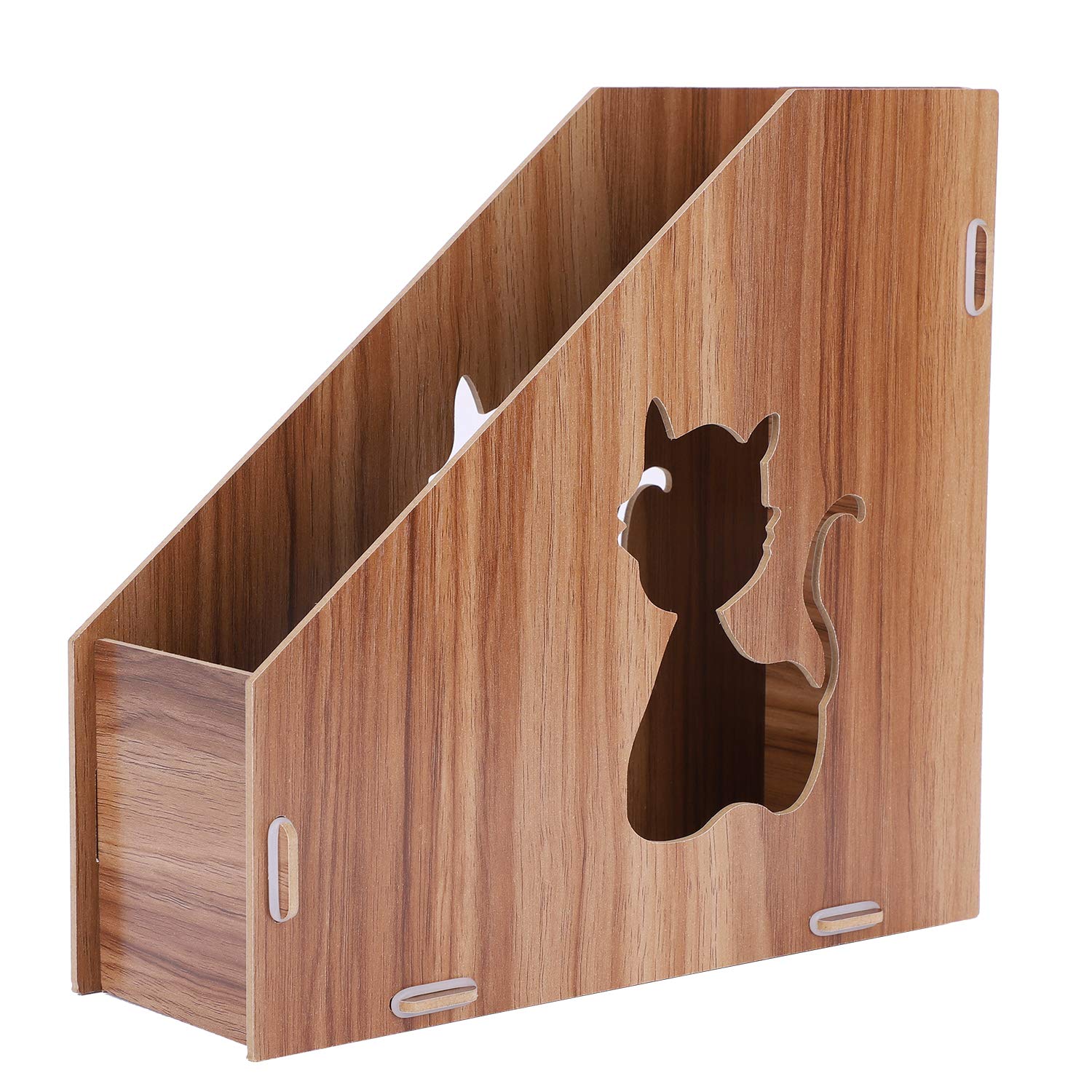 Wooden Vertical Desktop Magazine File Holder with Hollowed-Carved Cute Cat Desktop File Storage Organizer File Rack Standing Bookshelf Bin for Office Home School Classification and Organization