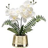 Oairse White Orchids Artificial Flowers in Gold Pot Faux Phaleanopsis Orchid Bonsia Fake Orchid Centerpiece for Dining Room