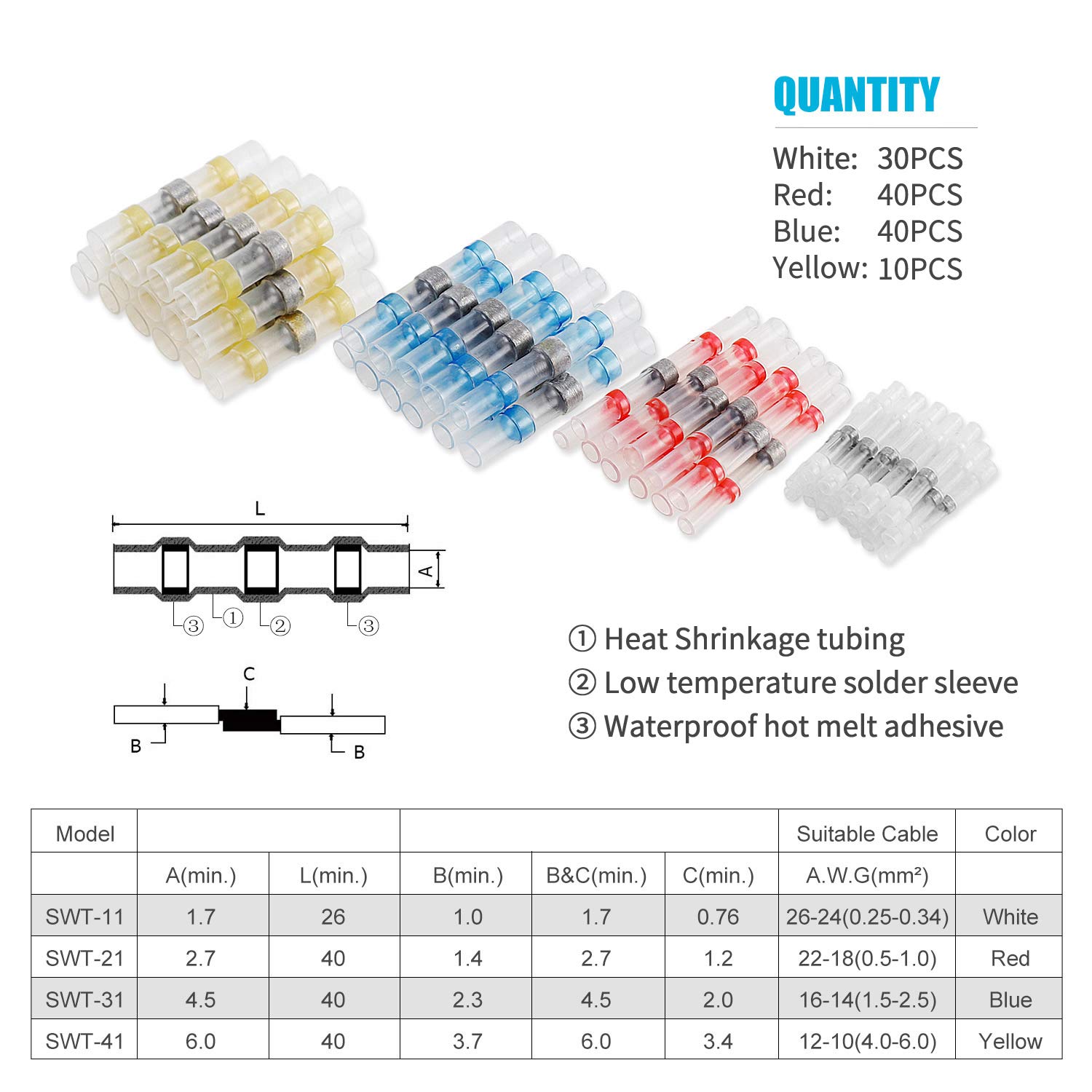 Kuject 120PCS Solder Seal Wire Connectors, Self-Solder Heat Shrink Butt Connector Solder Sleeve Waterproof Insulated Electrical Butt Splice Wire Terminals for Marine Automotive Boat Truck Wire Joint: Automotive