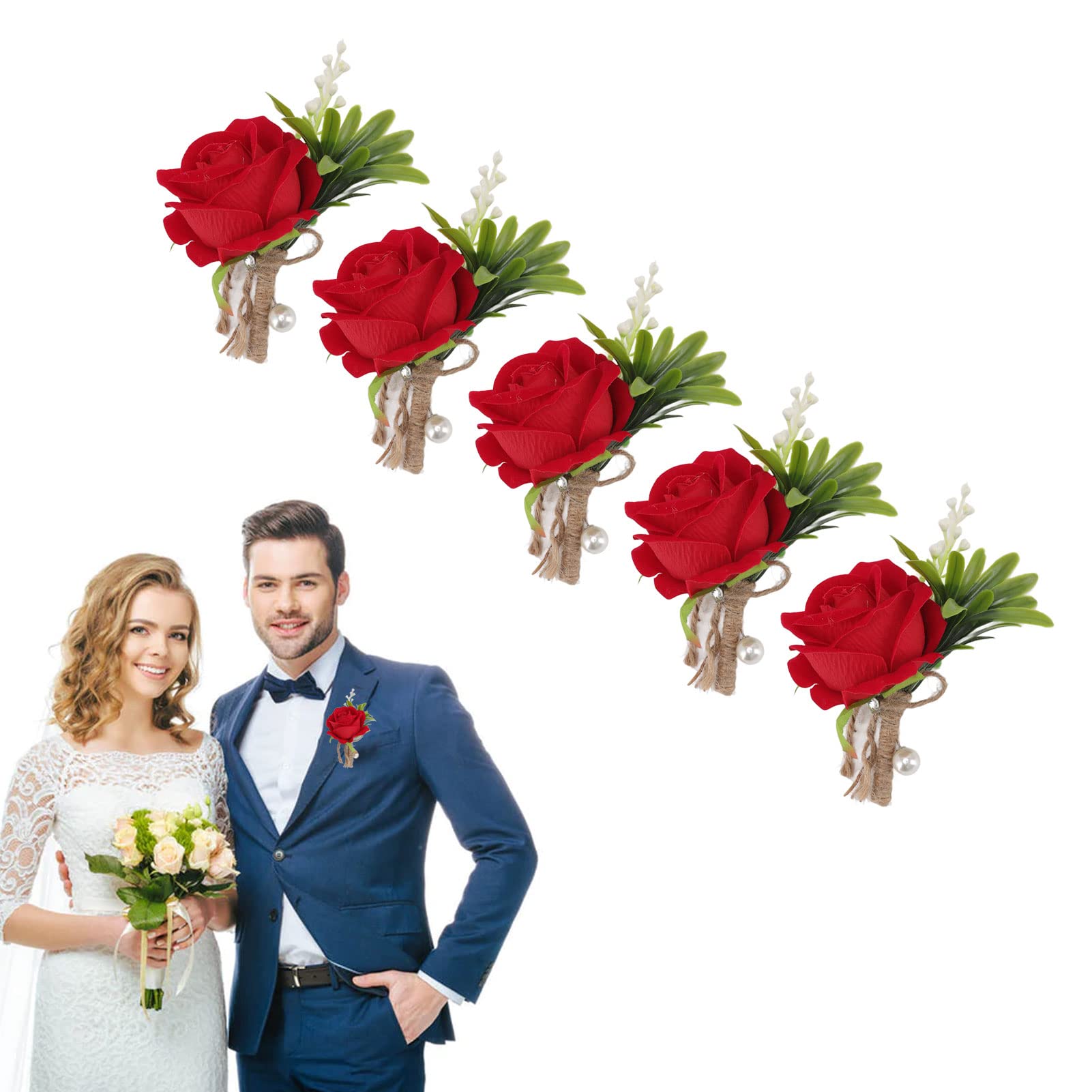 Wedding Corsage Rose, 5PCS Wedding Boutonniere Pin Fixed Plastic Artificial Flower Corsage for and Groom(Red)