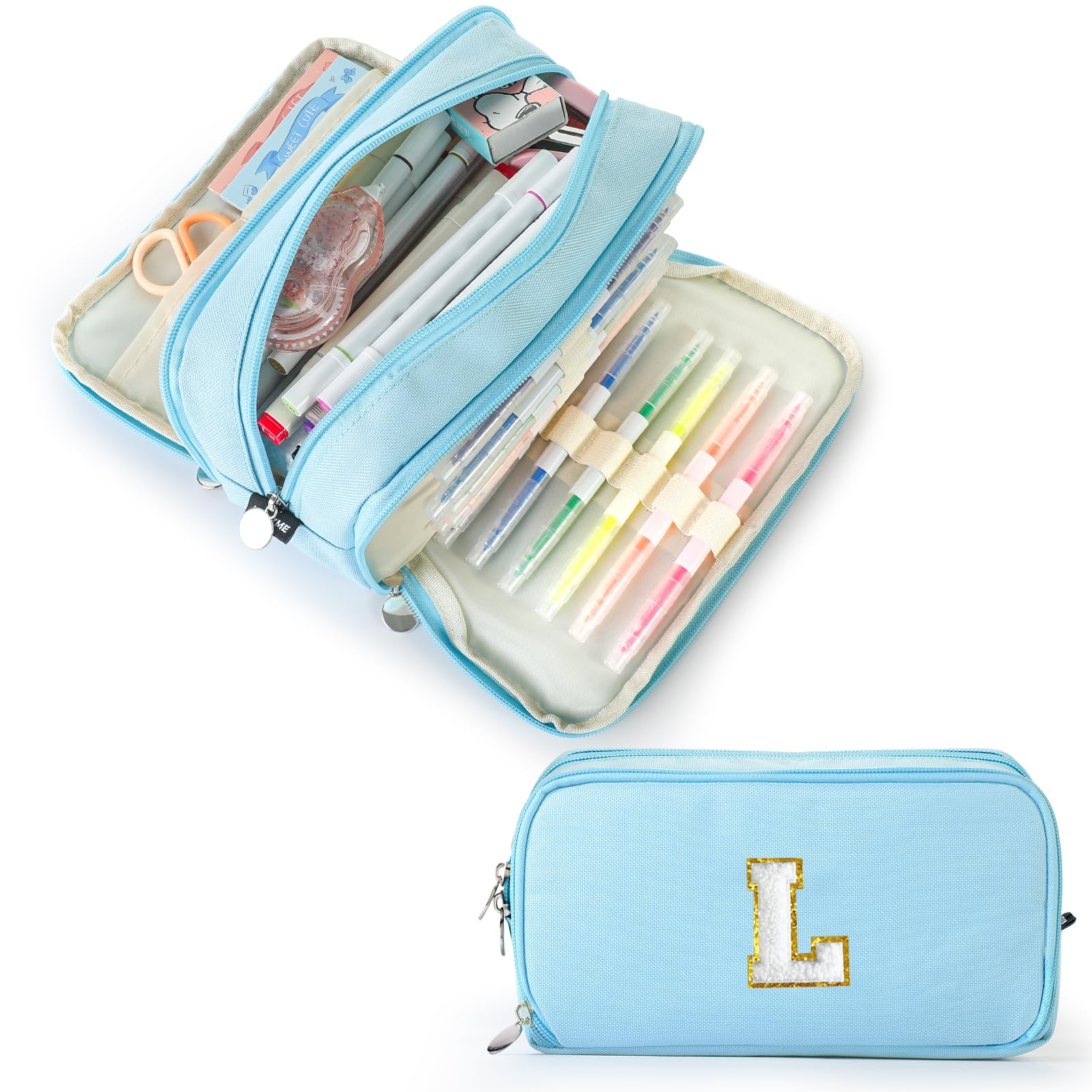 Photo 1 of Nuozme Extra Large Capacity Pencil Case 3 Compartment Initial Pencil Pouch Personalized Cute Aesthetic Stationery Pen Case Bag for School Teen Girl Boy Men Women Gift (L, Blue)