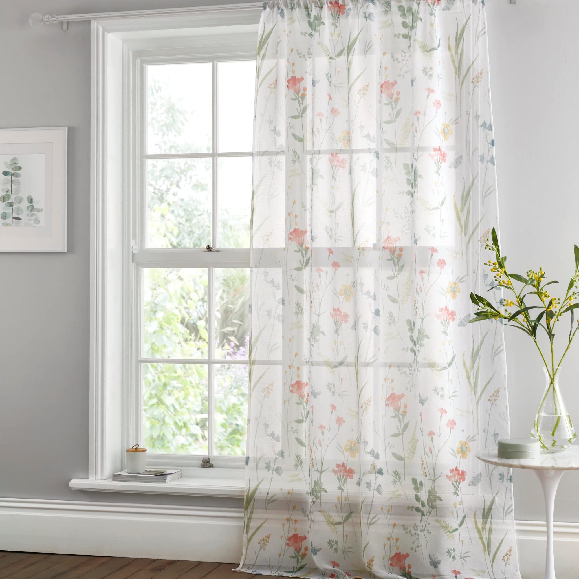 Dreams & Drapes - Summer Meadow Floral Single Net Curtain for Windows - W55 x L72 (140 x 182cm) - Flowers & Birds Window Net - White Voile Curtain for Bedroom & Living Room - White Sheer Curtains