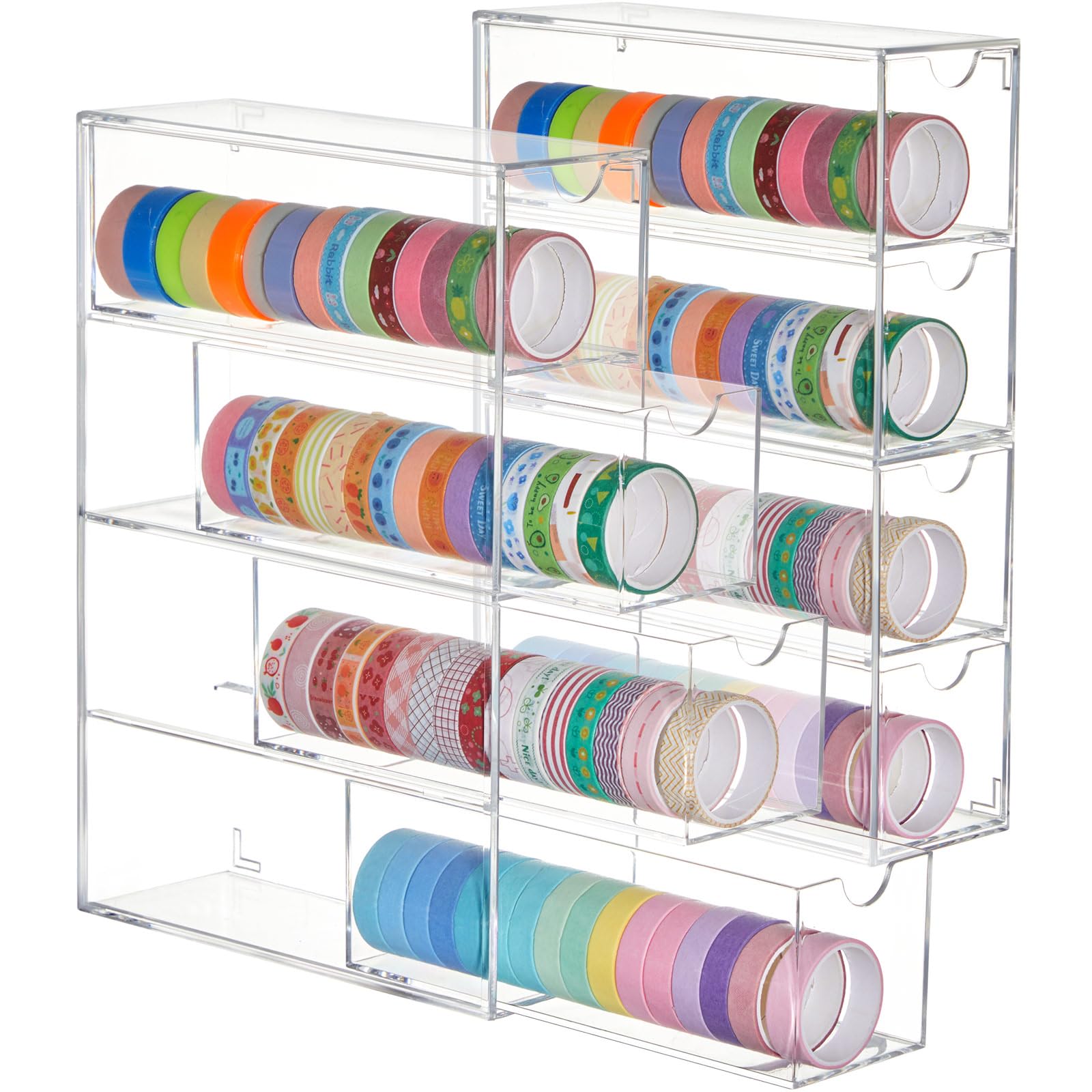 Photo 1 of Chunful 2 Pack Acrylic Washi Tape Organizer, Clear Washi Tape Storage Holder with 4 Sliding Drawers, Desk Accessories Display Caddy Craft Box for Scrapbooking Art Craft Supplies