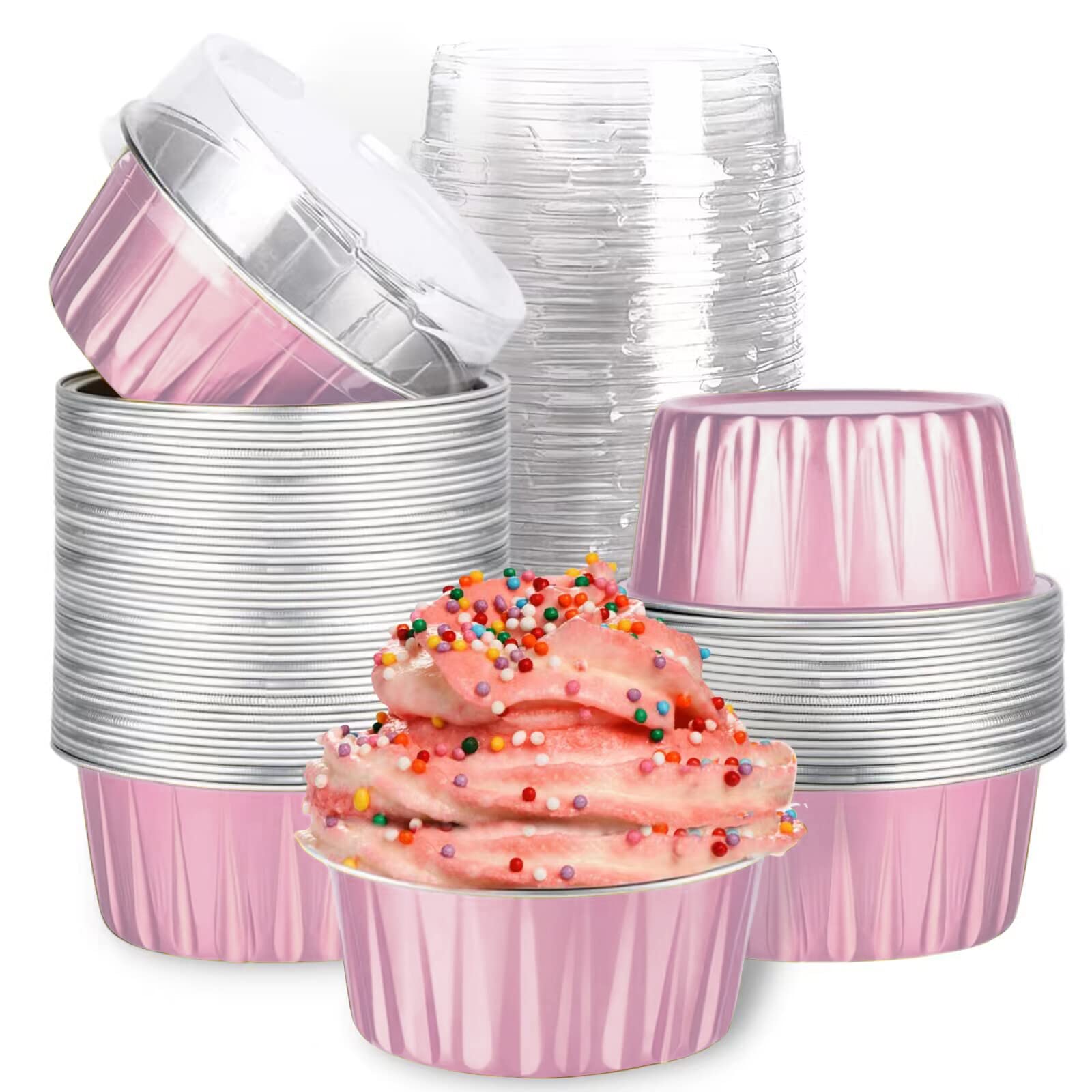 Photo 1 of Mini Aluminum Foil Cupcake Baking Cups with Lids (40pcs, 5oz) Round Cupcake Foil Liners Tart Pie Tin Pan Holder - Disposable Mini Cake Containers Flan Molds for Pudding, Souffle, Party, Wedding
