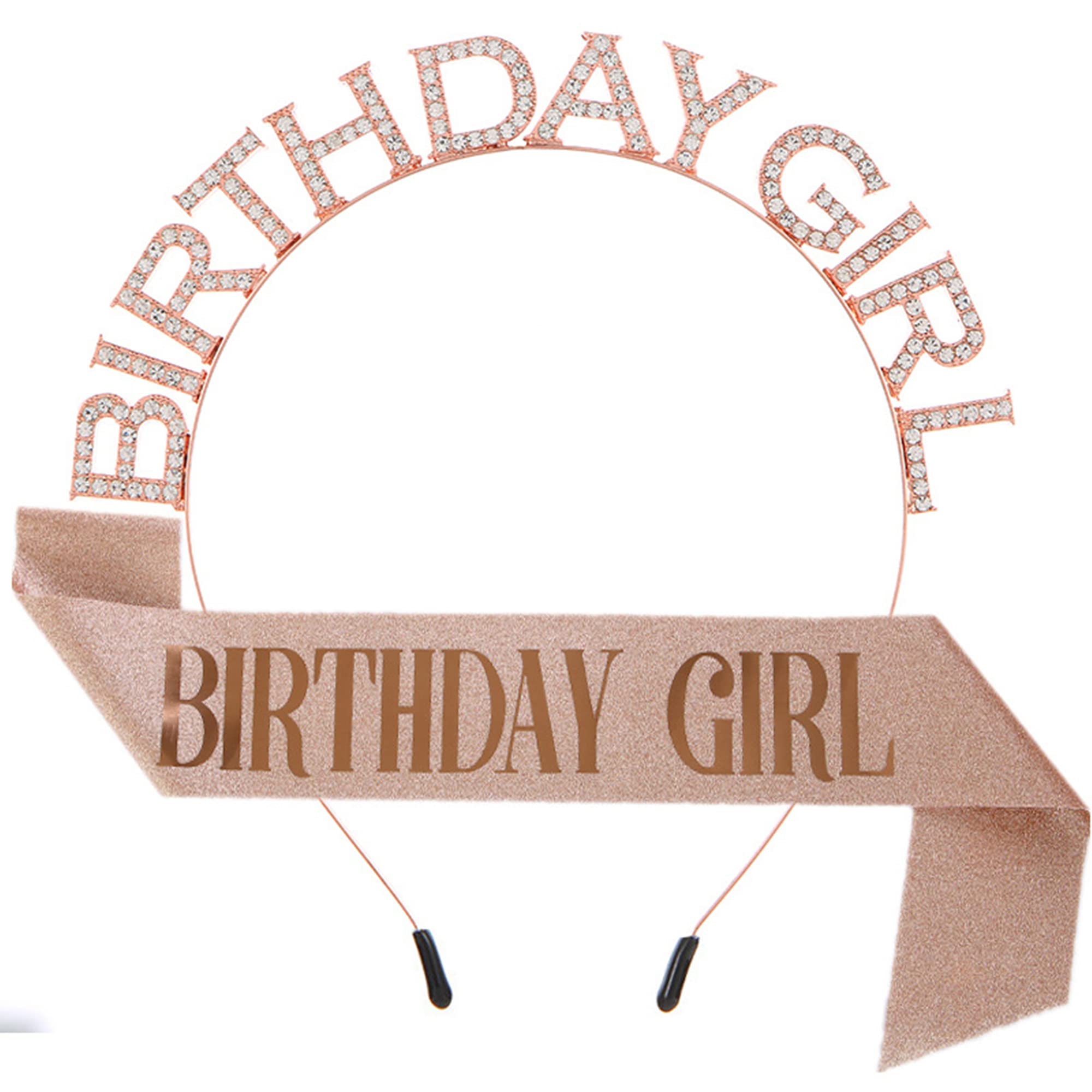 CHTENG Colorful Birthday Girl Sash and Tiara Rhinestone Crown Headband for Birthday Party Supplies (Rose Gold02) — image 1