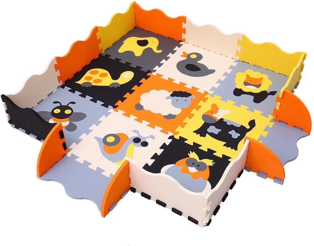MQIAOHAM Multicoloured Puzzle Mat 9pcs with Fence for Kids Play Area | Interlocking EVA Foam Mats | Play Rug for Children | Puzzle Playmat with Animals Shapes Animals and Pets Pop-Out P011B3010