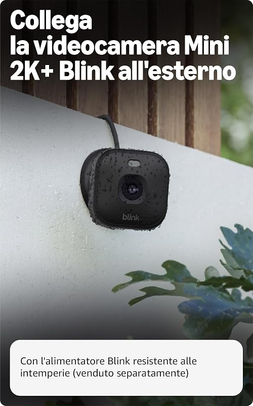 Videocamera Mini 2K+ Blink (ultimo modello) | Videocamera di sicurezza domestica con alimentatore plug-in, risoluzione video 2K, zoom 4x, visione notturna a colori | 1 videocamera – Nera