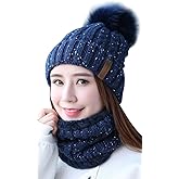 IYEBRAO Womens Winter Knit Beanie Hat and Scarf Set Girls Cute Slouchy Thick Fleece Lined Ski Hat Warm Skull Cap with Pom