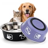 2-Pack Dog Bowls, Stainless Steel Pet Bowls, Thickened Rust-Proof Inner Bowl, Non-Slip Rubber Base, 2-in-1 Food &amp; Water Bowl for Indoor Use (Black + Purple) (Black + Purple, S)