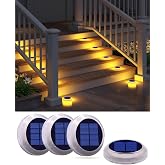 DetarZinLED Flat Solar Deck Step Lights Outdoor 4 Pack Warm White Round | IP68 Waterproof, Stick on, Solar Powered, Sturdy PC Shell, for Outside Pathway, Ground, Dock, Walkway, Path, Stairs, Patio