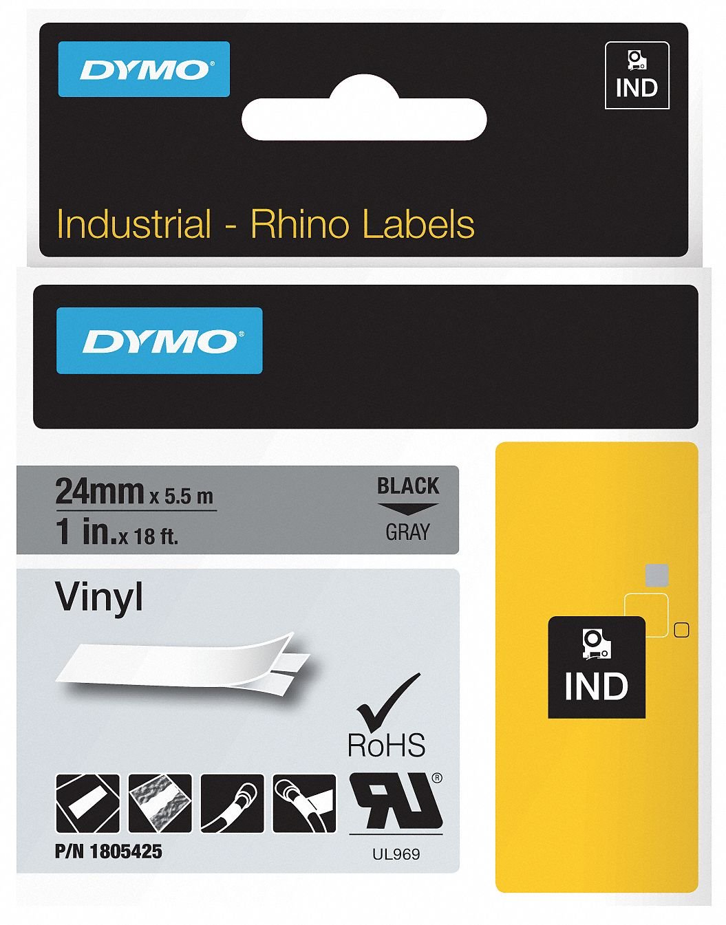 Dymo Rhino Industrial Labels Vinyl 24mm x 5.5m - Black on Gray