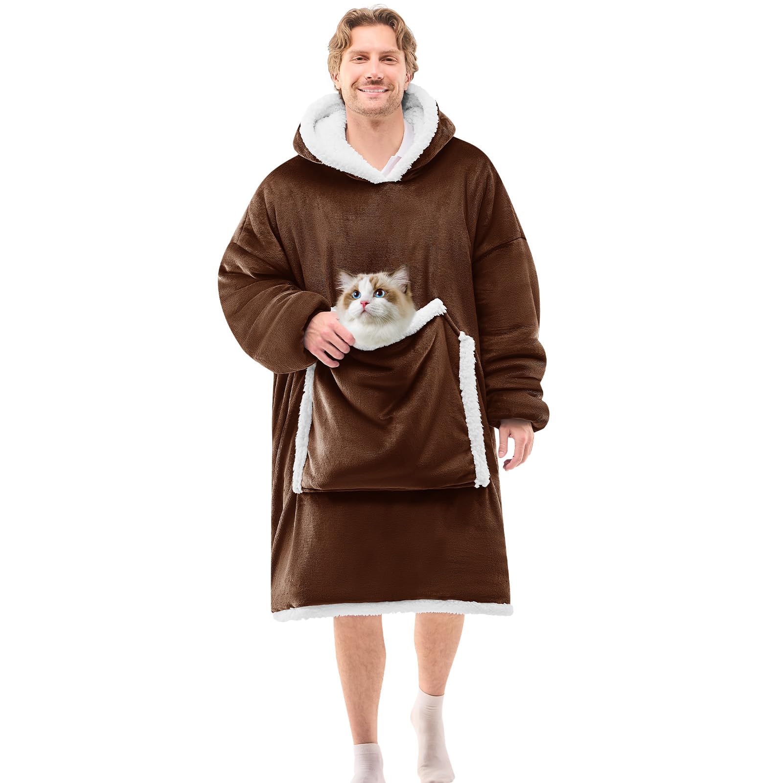 JOYWOO Brown Oversized Wearable Blanket Hoodie,Cat lovers Long Hoodie Blanket for Adult,Birthday Gifts for Women Men Grandpa,Cozy Fuzzy Sherpa Fleece Sweatshirt Hooded Blanket Giant Pocket,Oversize Image