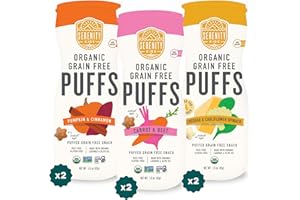 Serenity Kids 6+ Months Baby Puffs - Pack of 6, 1.5 oz, Variety Pack- USDA Organic Grain Free Toddler Food - Nut, Rice & Gluten Free Baby Snacks with Veggies, Legumes & Olive Oil