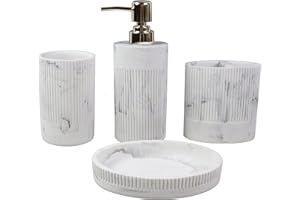 Hymmah Marble Bathroom Accessories Set,Farmhouse Bathroom Decor,4 Pcs Resin Gift Set Apartment Necessities, Contain Cotton Swab Jar,Soap Dispenser,Tumbler，Soap Dish/Tray