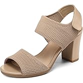 mysoft Women's Chunky Block High Heels Elastic Knit Open Toe Slingback Heeled Sandals