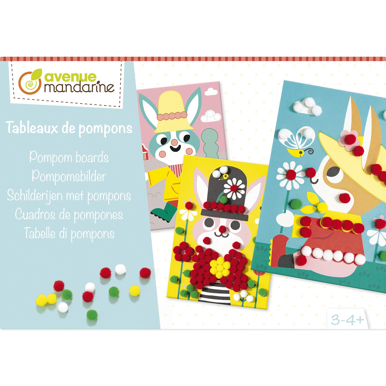 Avenue Mandarine - Ref KC122C - Creative Box - Pompom Boards - 3 Printed Boards with Rabbits to Decorate with Pompoms, 200 Pompoms Included, Suitable for Ages 3-4+