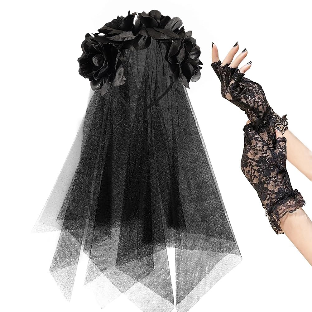 RichMoho Dead Bride Veil Gothic Bride Kit Halloween Costume Accessories Women Ladies Gothic Hair Woman Cosplay Party Halloween Hair Decor