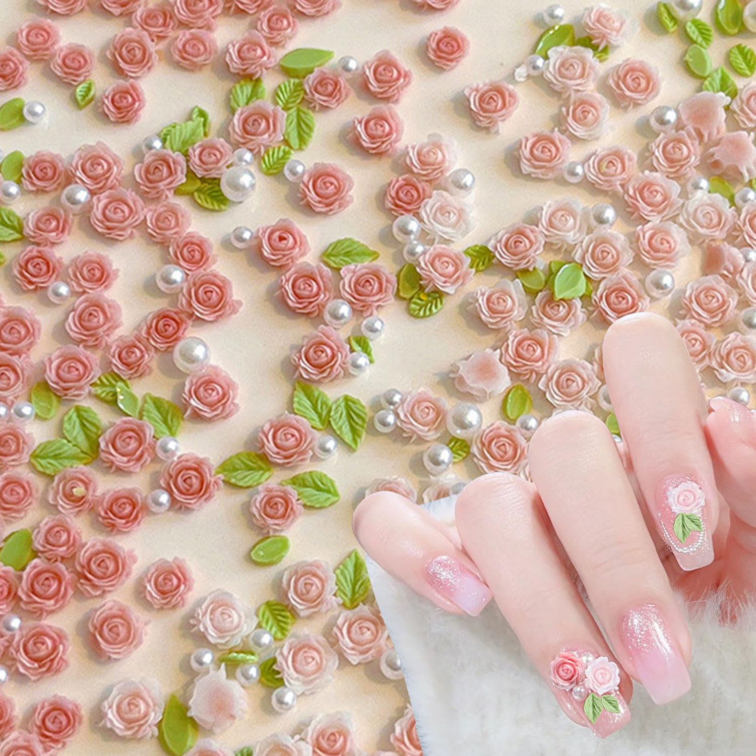 Flower Nail Charms,60~80PCS Mixed Rose Flower Floral Nail Art Charms with White Pearls and Green Leaves,Resin Nail Rhinestones Gems Nail Accessories for Manicure Design Decorations DIY Crafts (Pink)