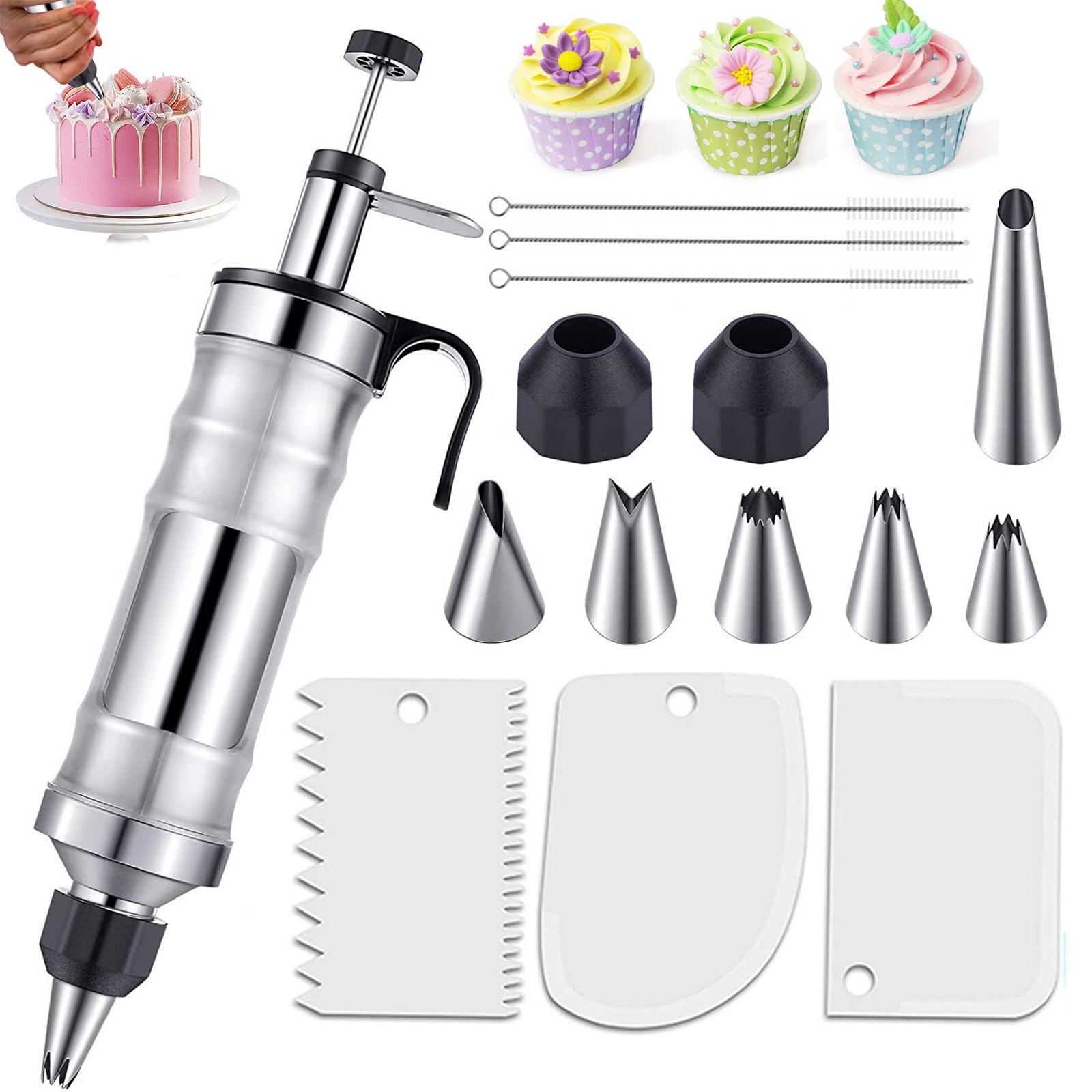 Icing Piping Kit, Stainless Steel Piping Tips and Nozzles Set for Cupcake Cookie Cake Decorating, Piping Tube Icing Syringe Reusable, DIY Baking Tools with Cream Scraper, and 6Pcs Syringe Nozzles