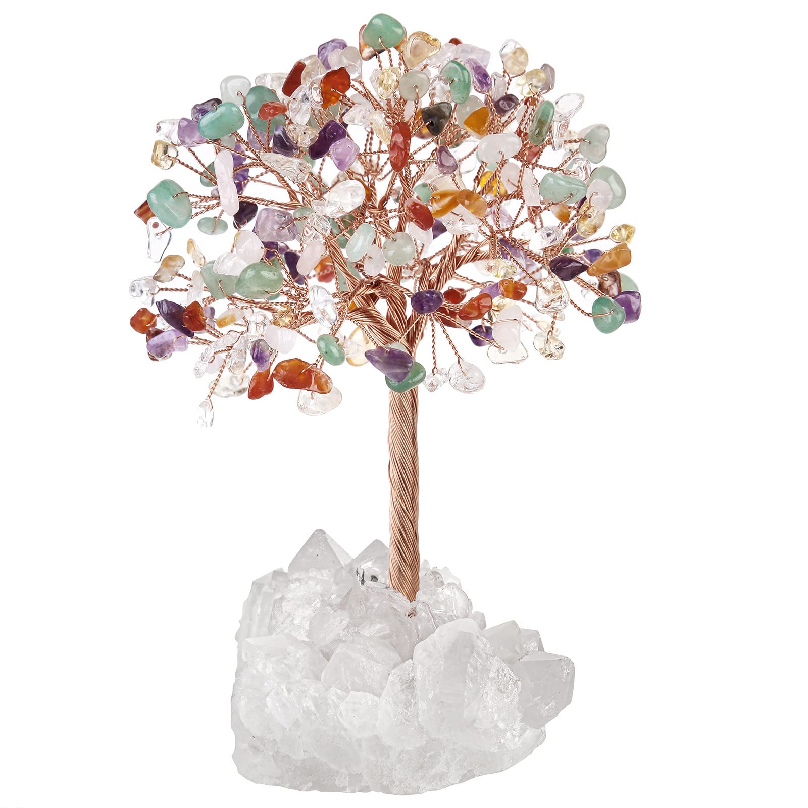 mookaitedecor Natural Chakra Crystal Tree of Life Ornament for Home, Reiki Healing Colourful Crystal Money Tree Stone Bonsai Tree with Clear Quartz Base Feng Shui Ornament Gift for Good Luck