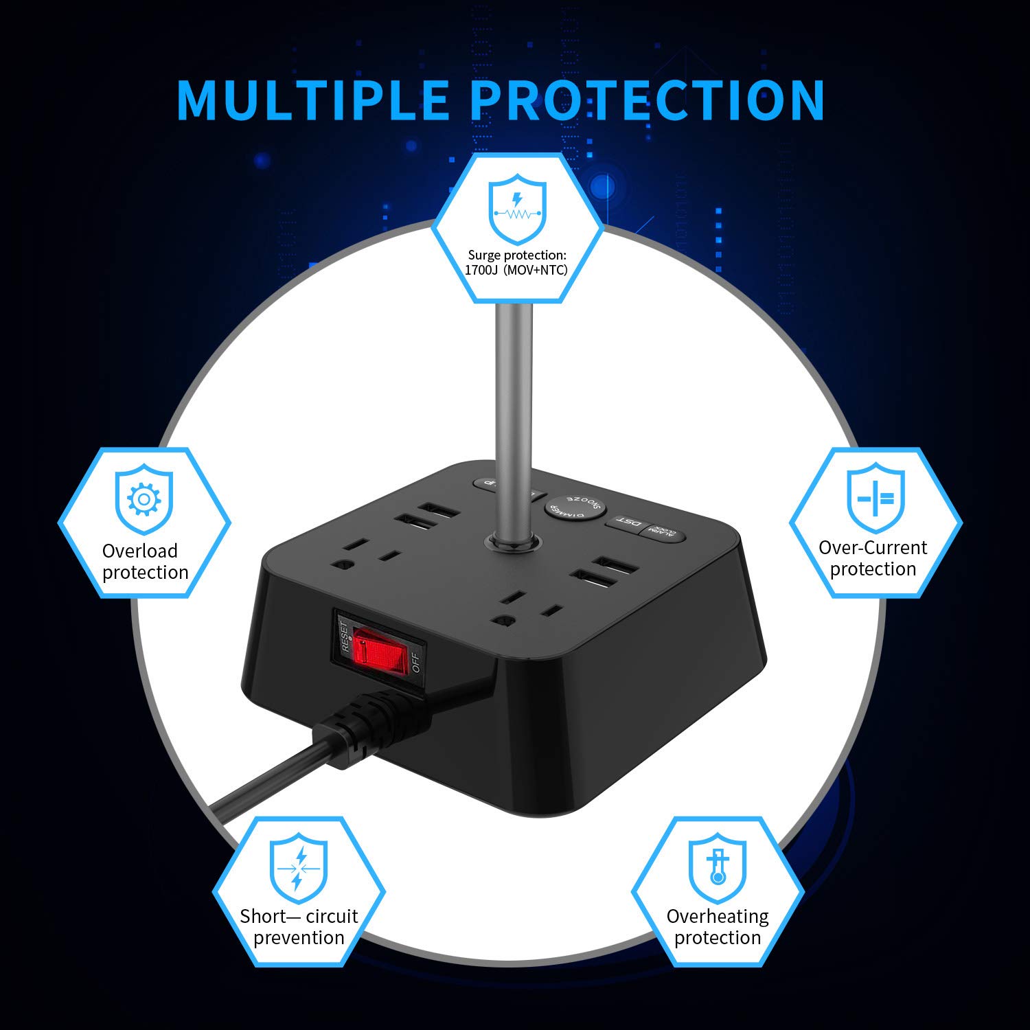 Alarm Clock Charger w/4 USB Ports & 2 Outlets with LED Desk Lamp Night Light and Headphone Stand,Surge Protector Power Strip Charging Station for Bedside,Dorm,Office,Hotel (Snooze,DST,Battery Backup)
