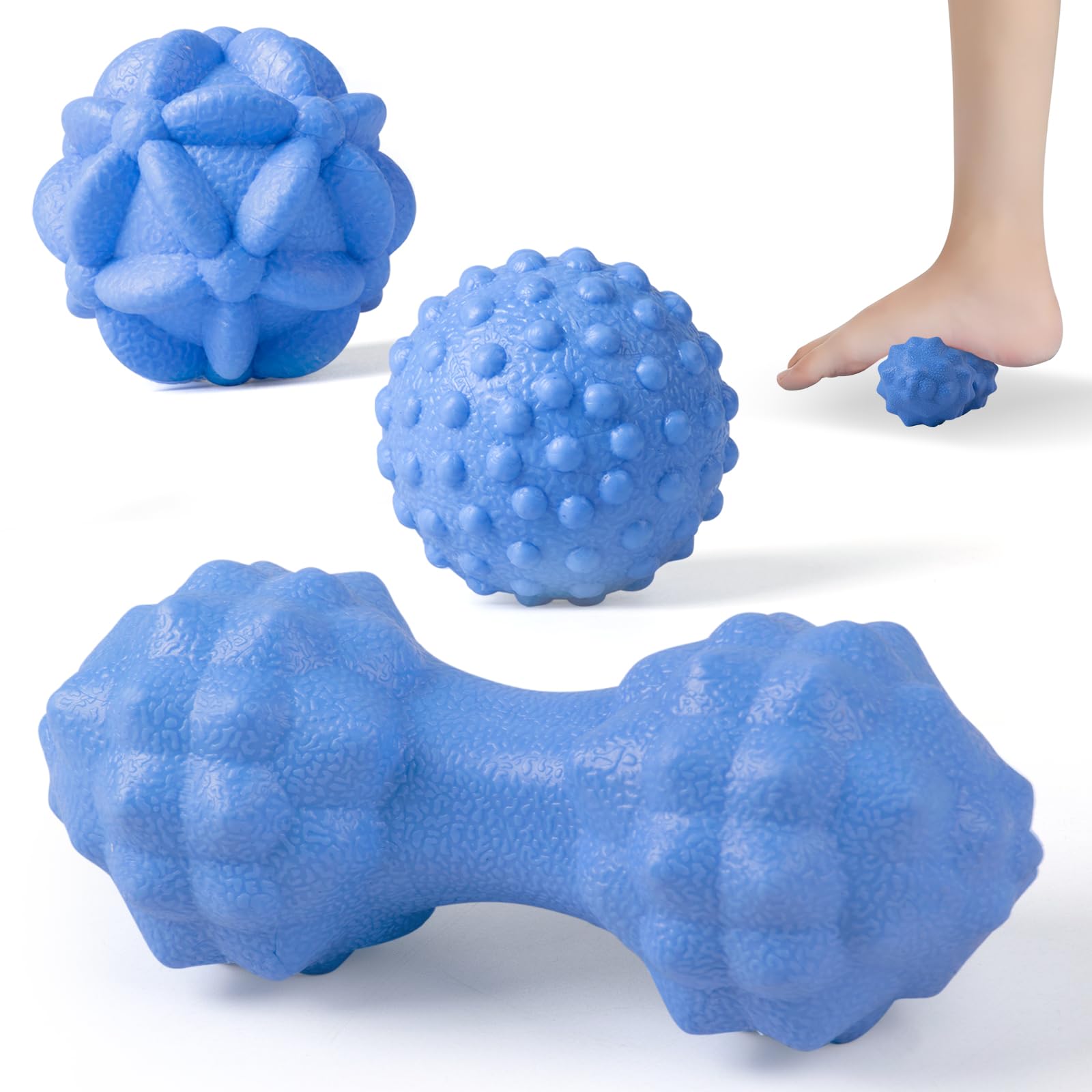 MEGAVOW Massage Ball Roller Set, Trigger Point Deep Tissue Myofascial Release Spiky Massage Balls, for Tight Sore Muscle Pain Stress Relief, for Neck Back Shoulder Arms Foot, Blue