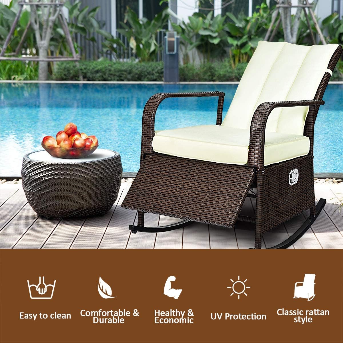 Tangkula Outdoor Wicker Rocking, Modern Cushioned Seating and Back, Auto Adjustable Rattan Reclining Chair, Space Saving Design, Garden Lawn Balcony Backyard Patio Fu, Brown : Industrial & Scientific